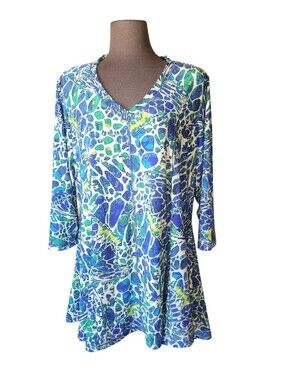 Women's Blue Green Printed V-Neck Tunic Top